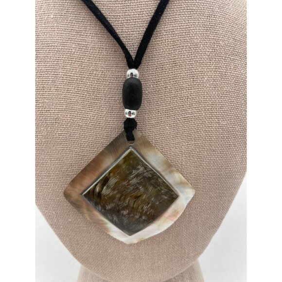 Mother-Of-Pearl Diamond Pendant Necklace Adjustable Black Suede Cord & Silver Be - Picture 2 of 5